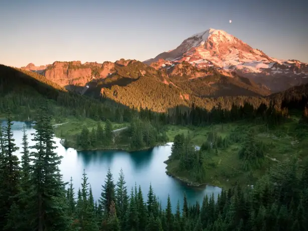 Above view of mount rainier: mountains, lakes, forest