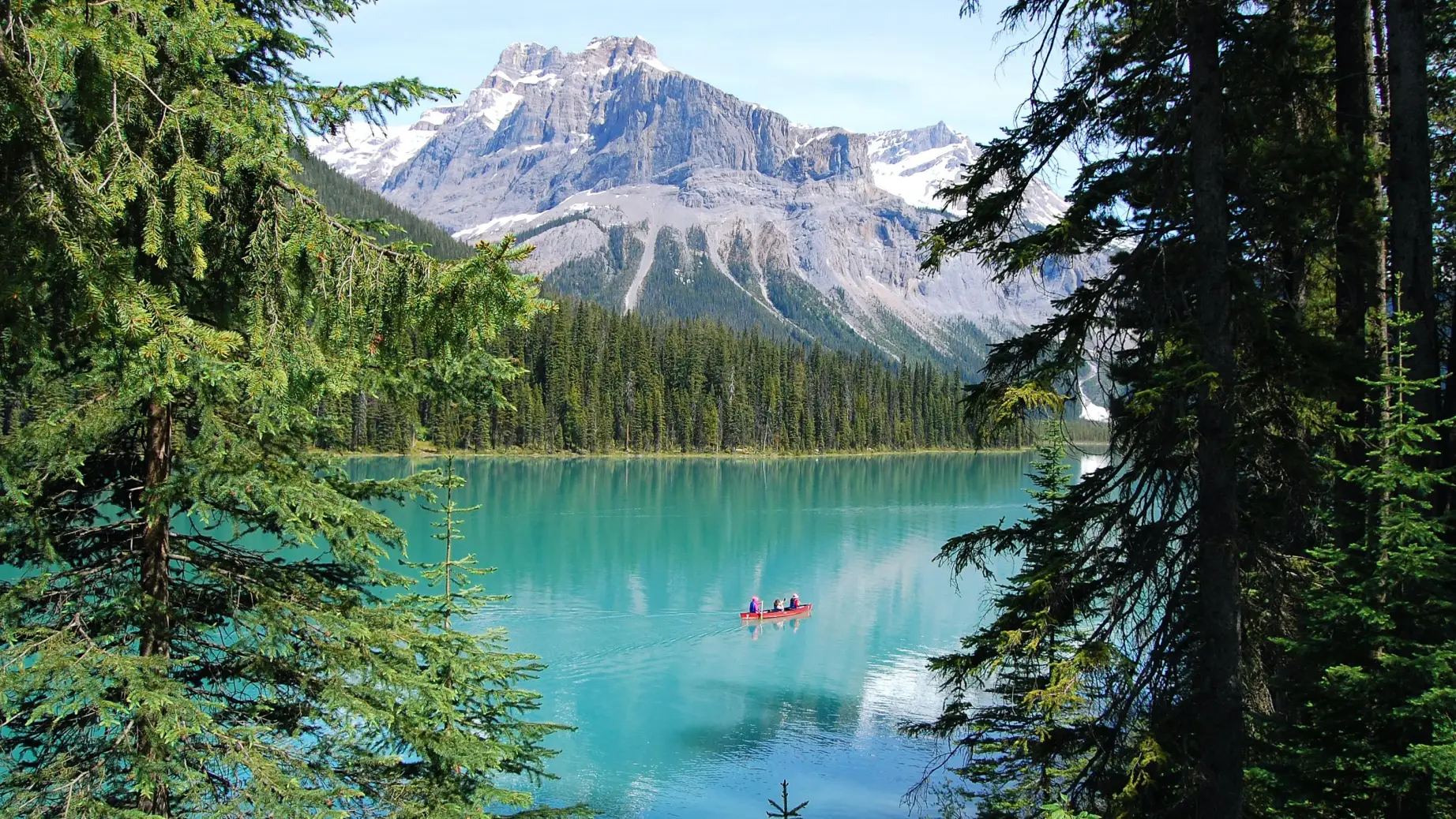 Ein Kanu paddelt über den Emerald Lake im Yoho-Nationalpark in British Columbia, umgeben von Bäumen und Bergen.