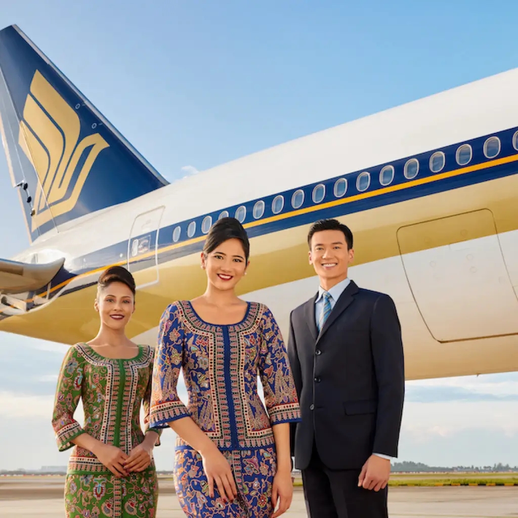 Die Crew der Singapore Airlines lächelt vor einem Flugzeug in die Kamera