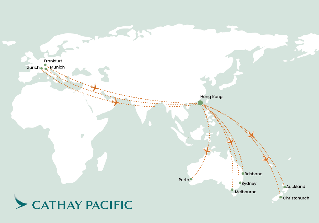 TE DE Cathay Pacific Flüge AUS NZ Anreise auf einer Karte