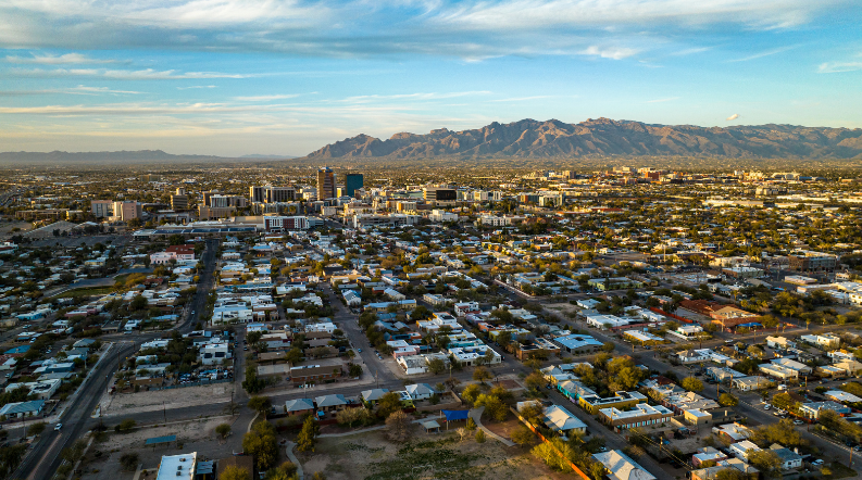 US Arizona Tucson aerial view with mountains
