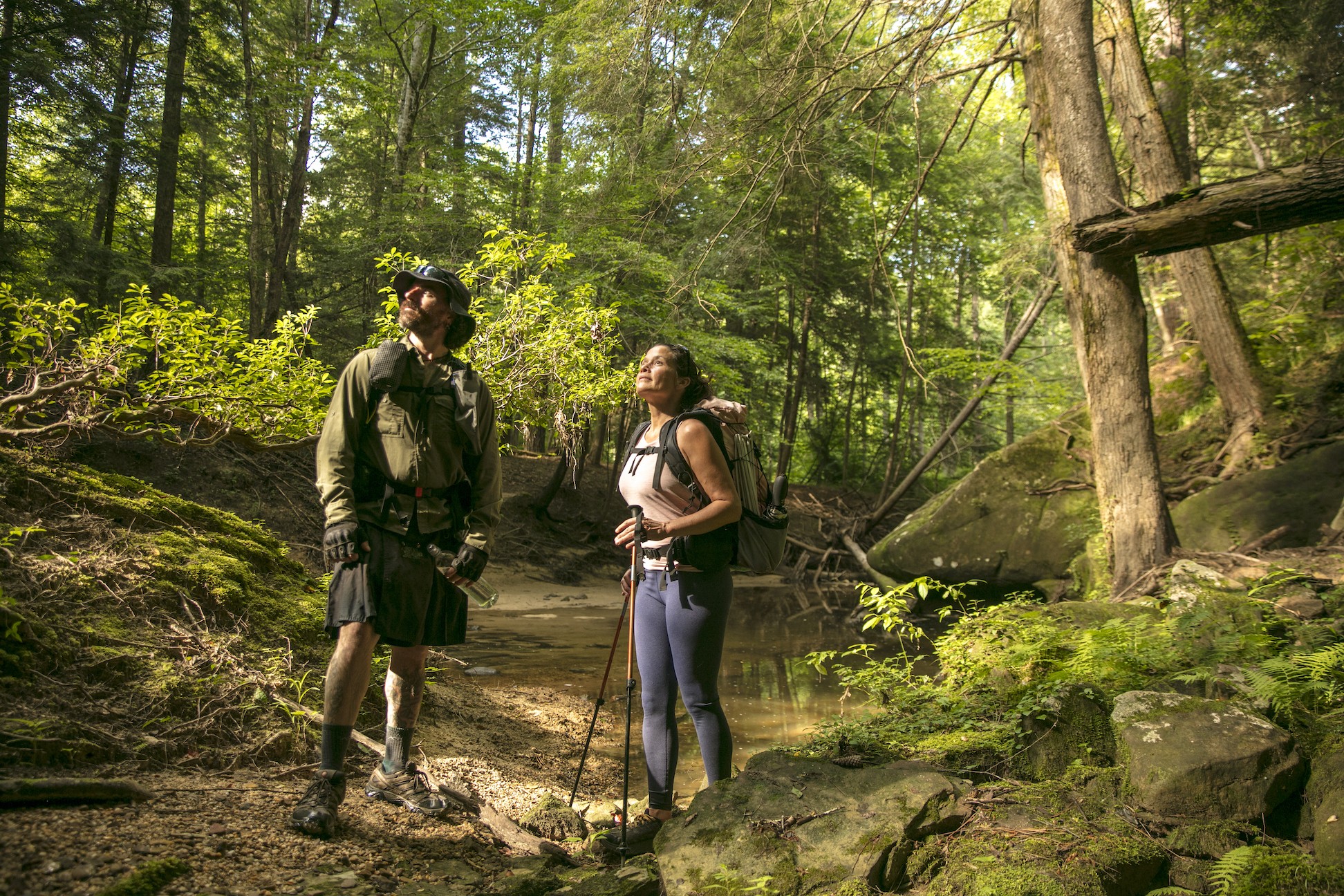 Zwei Wanderer hielten auf dem Wanderweg an, um die Aussicht auf den Bankhead National Forest in Alabama, USA, zu genießen