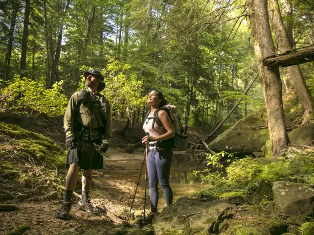Zwei Wanderer hielten auf dem Wanderweg an, um die Aussicht auf den Bankhead National Forest in Alabama, USA, zu genießen