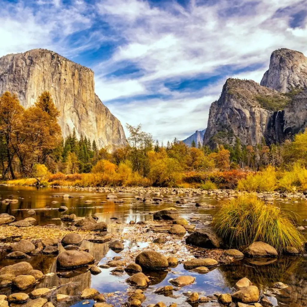 Yosemite National Park in Californië tijdens de herfst met gele en bruine bladeren aan de bomen
