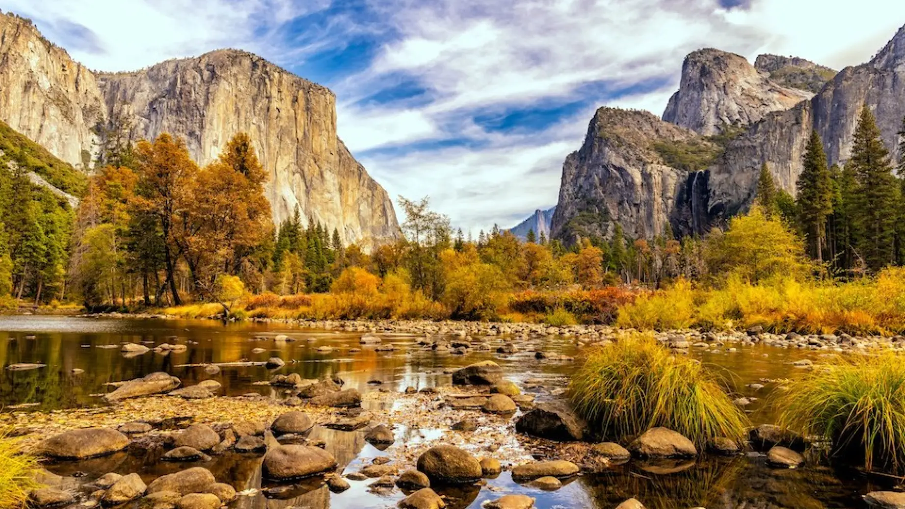 Yosemite National Park in Kalifornien im Herbst mit gelben und braunen Blättern an den Bäumen