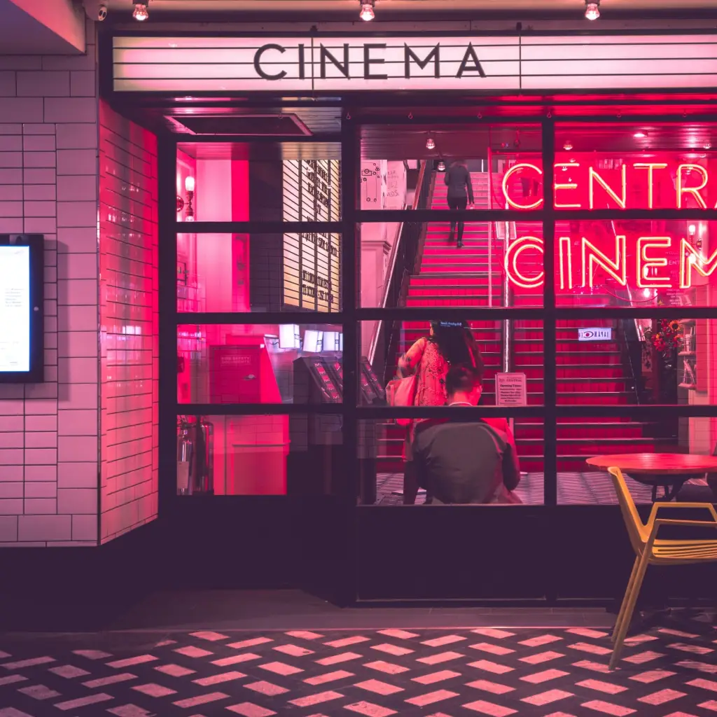 Neon lights in cinema foyer