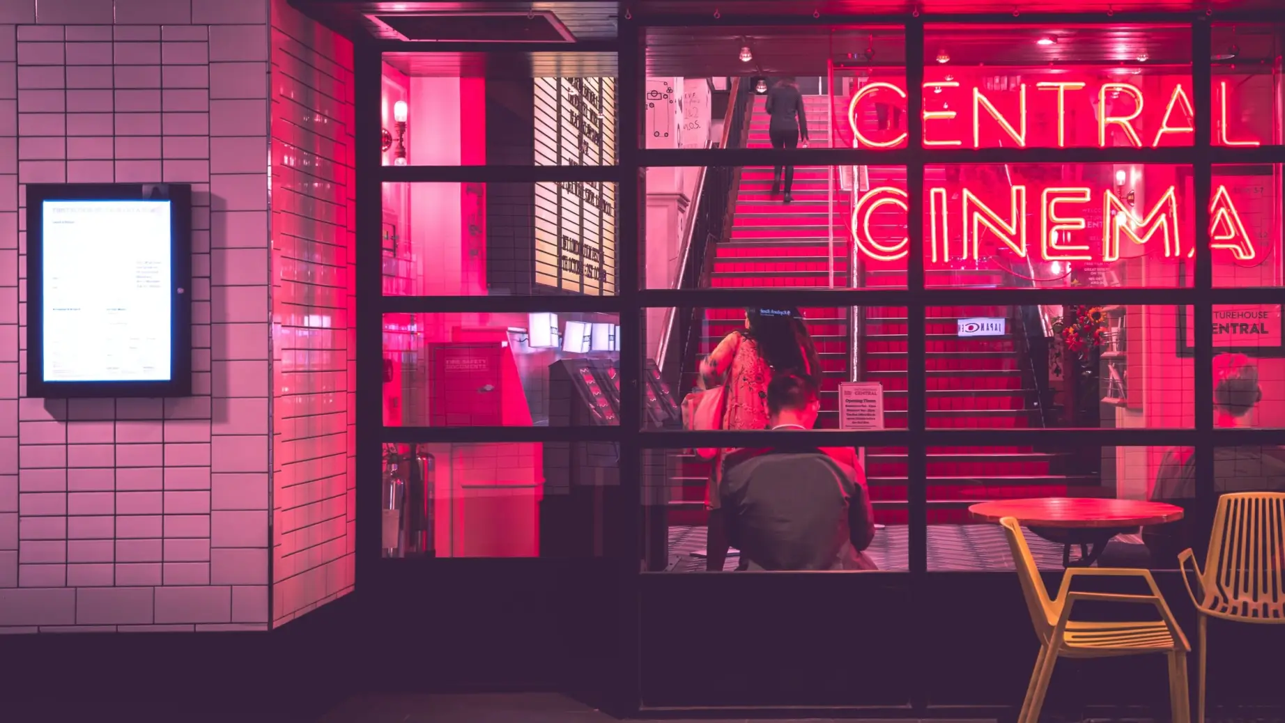 Neon lights in cinema foyer