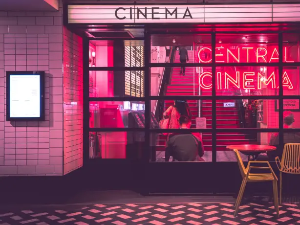 Neon lights in cinema foyer