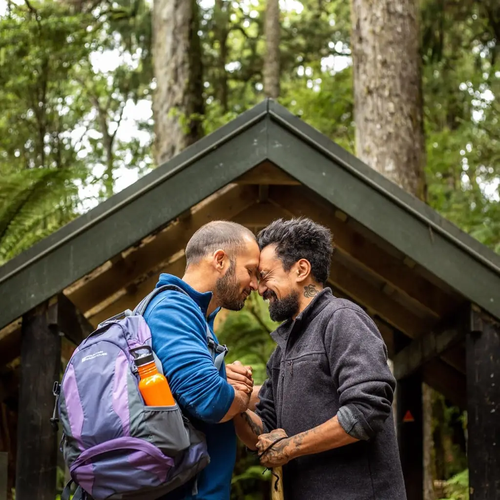 Zwei Männer führen einen traditionellen Māori-Gruß in einem Wald auf.