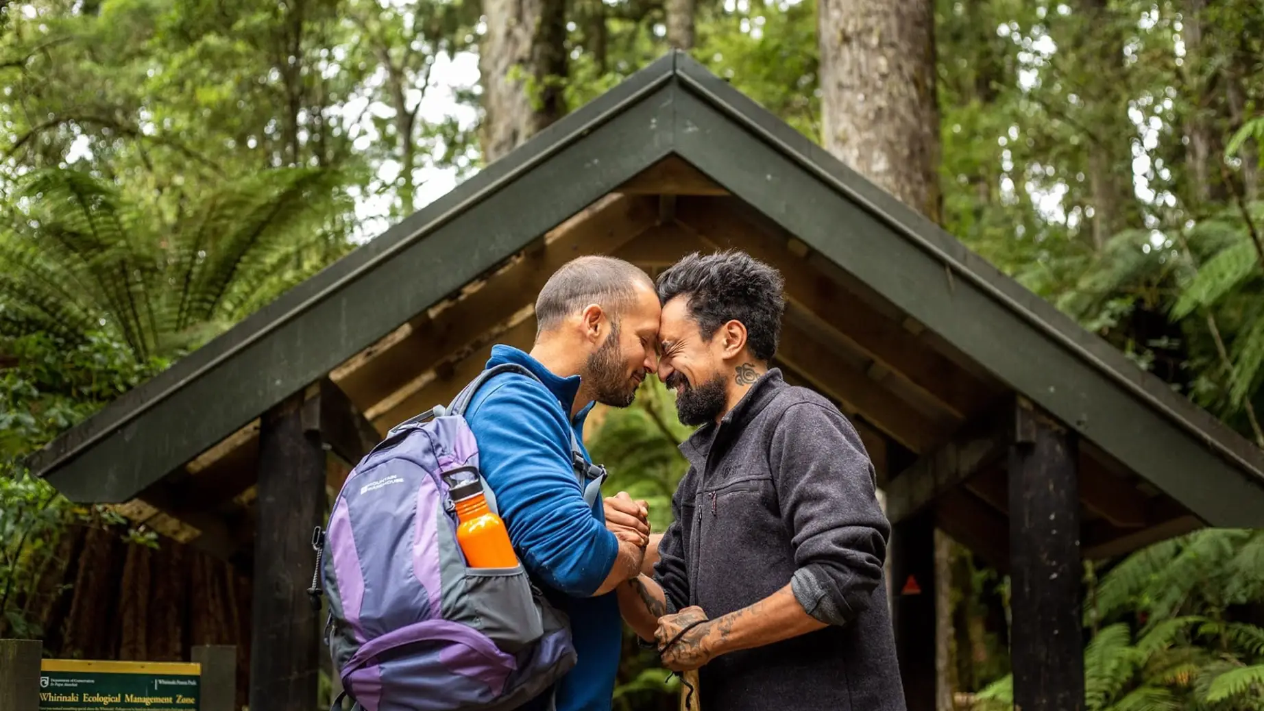 Zwei Männer führen einen traditionellen Māori-Gruß in einem Wald auf.