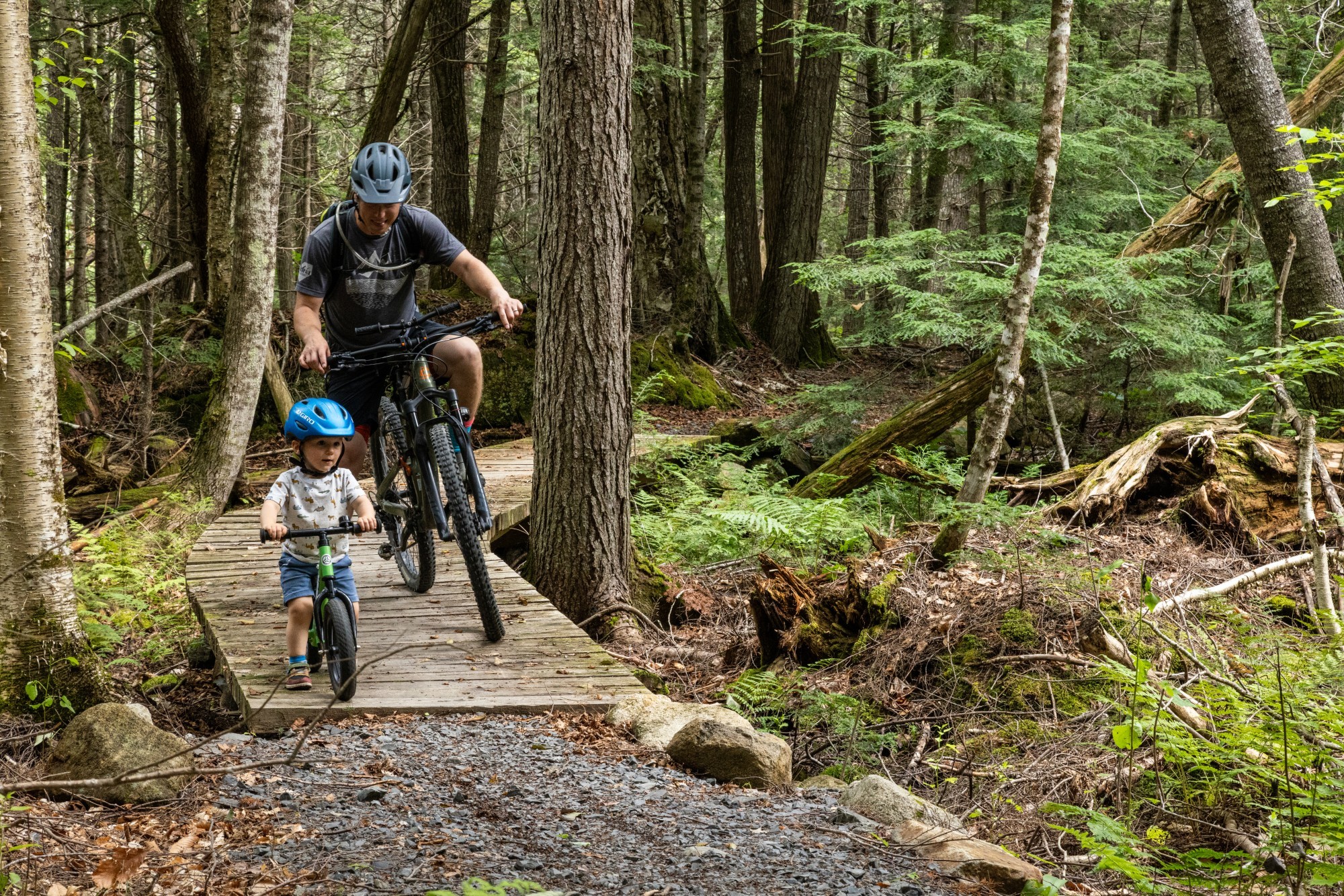 Man en kind op mountainbike in het bos, New England