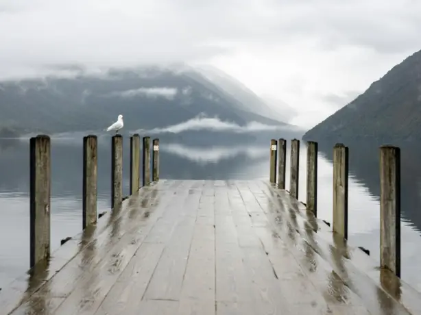 Steg an See mit Möwe und Bergen im Hintergrund