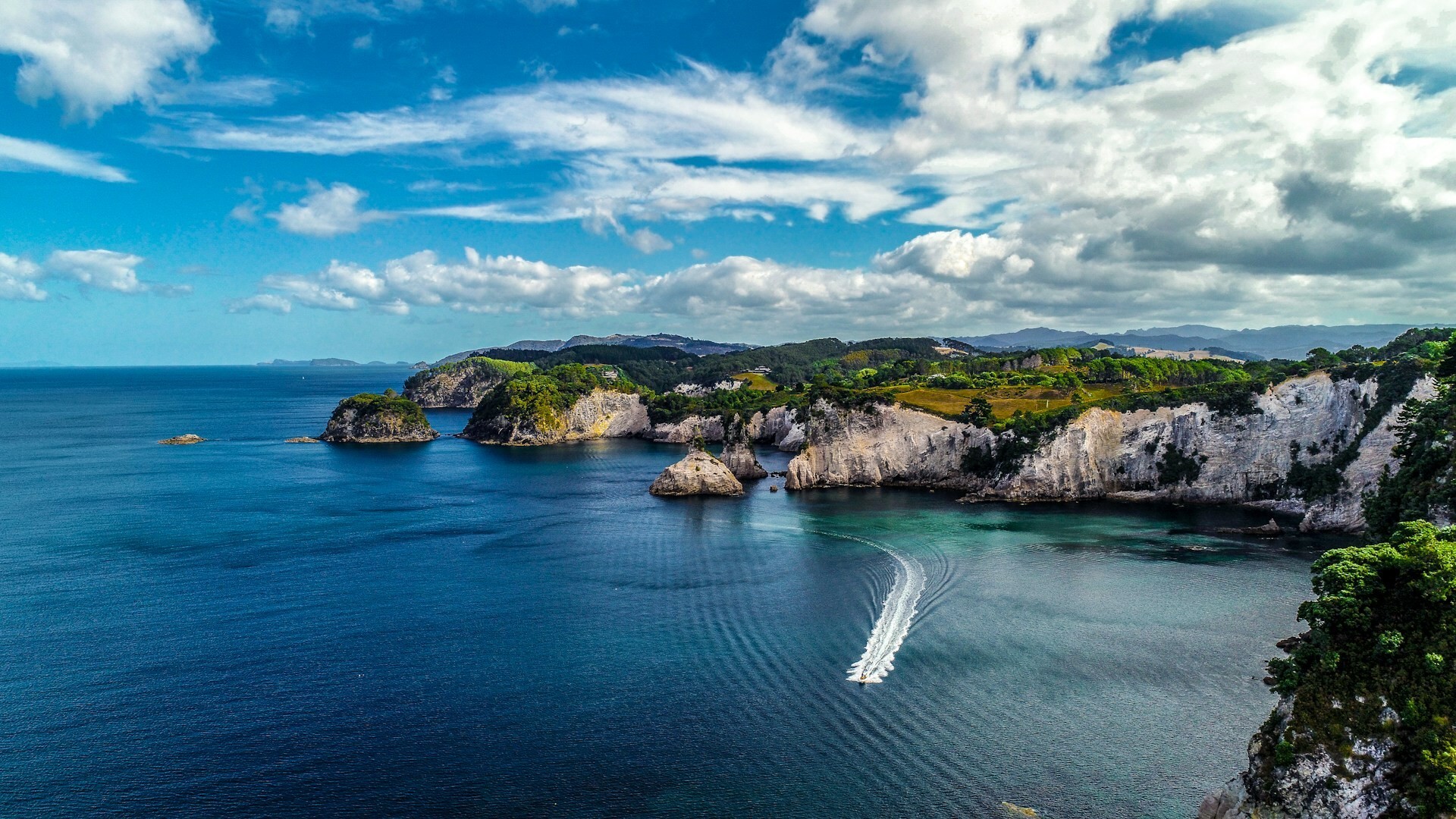 The rugged Coromandel Coastline with grey cliffs, blue waters and green fields
