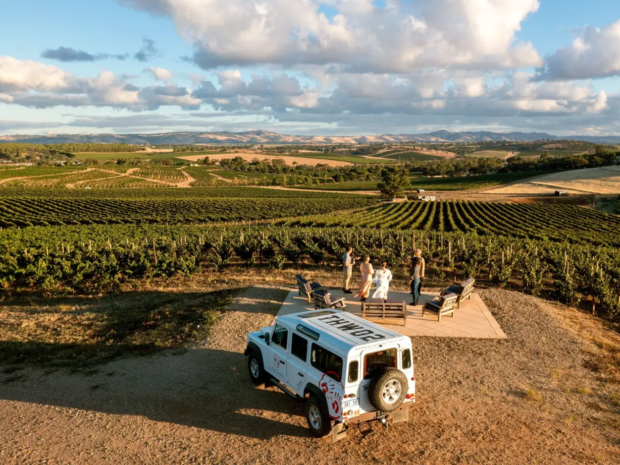 Menschen, die in einem Weinberg im Barossa Valley in Australien im Stehen etwas trinken.