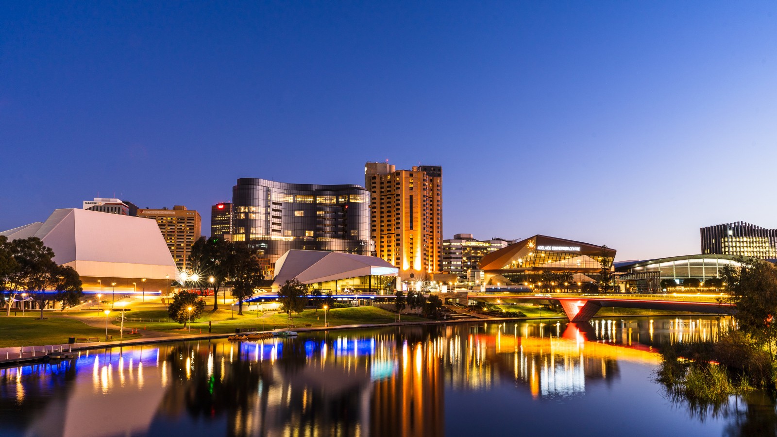 South Australia – Adelaide’s skyline at night, with lights reflecting on the water