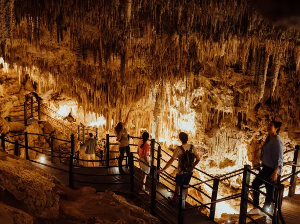 Personen bestaunen Stalaktiten in beleuchteter Höhle in Westaustralien