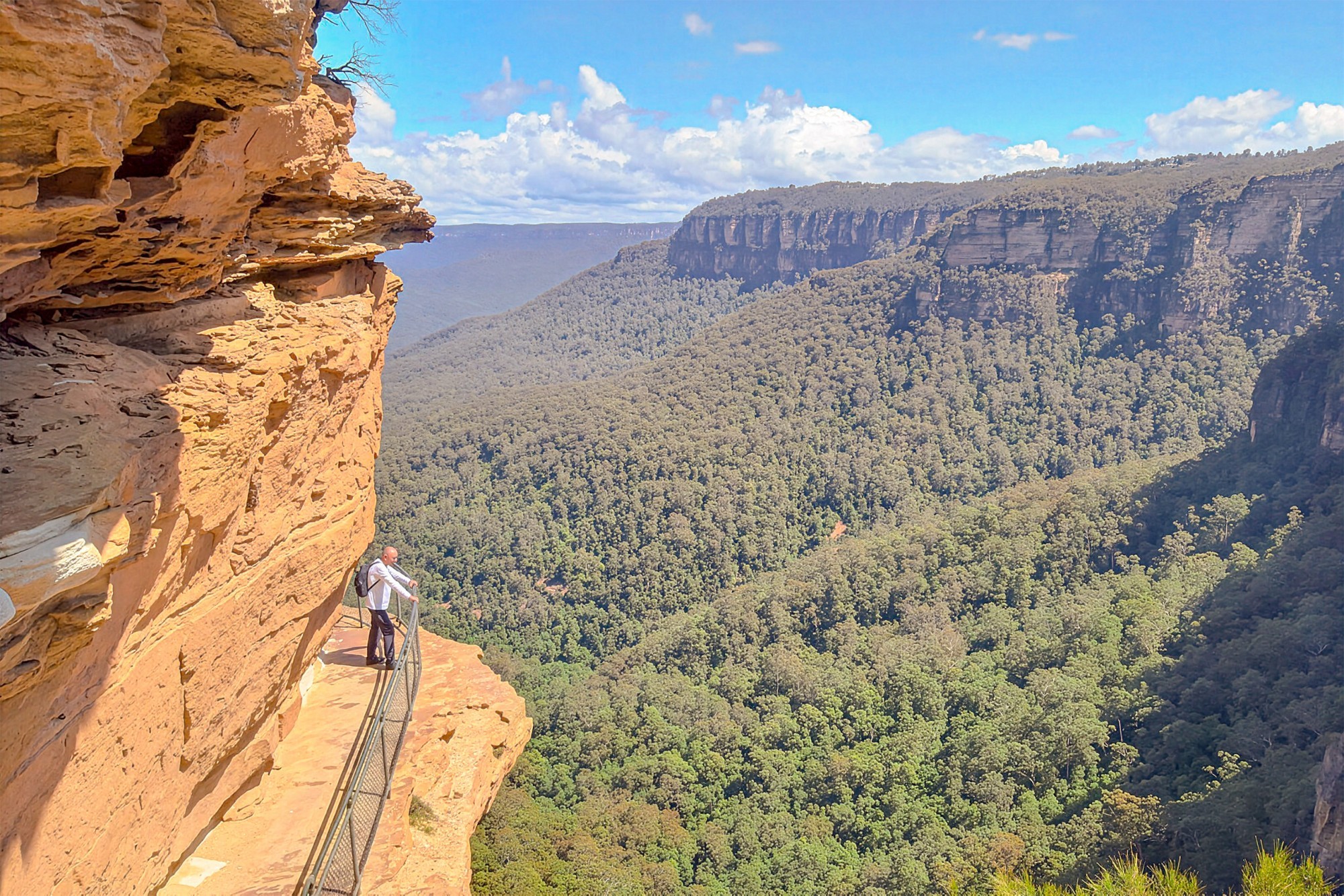 Ein Wanderer steht auf einem Steg an einer Felswand und blickt auf die weiten, bewaldeten Täler und Sandsteinfelsen der Blue Mountains in New South Wales, Australien