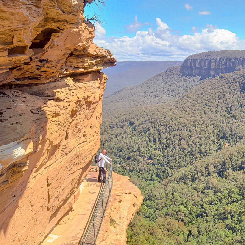 Ein Wanderer steht auf einem Steg an einer Felswand und blickt auf die weiten, bewaldeten Täler und Sandsteinfelsen der Blue Mountains in New South Wales, Australien