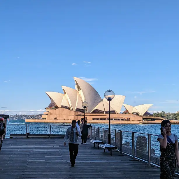 Blick auf das Opernhaus von Sydney von einem Steg aus, auf dem Menschen spazieren gehen