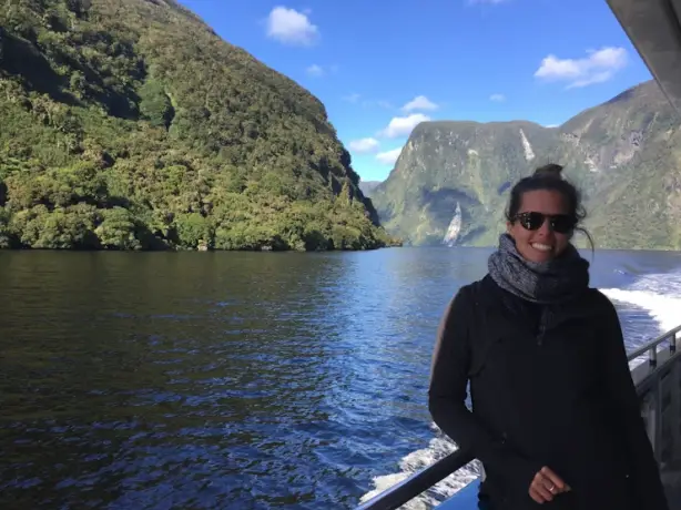 TravelEssence product manager Brooke on on a boat trip in Fiordland, New Zealand