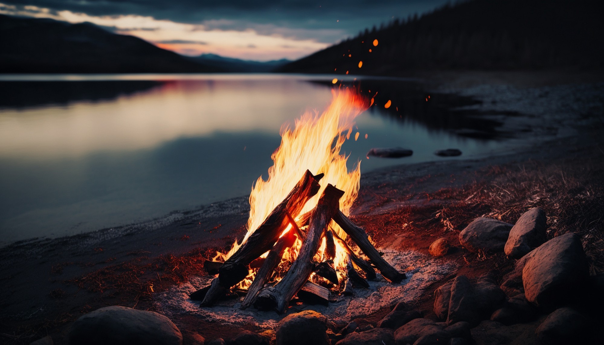 Lagerfeuer am ruhigen Seeufer bei Sonnenuntergang in Kanada