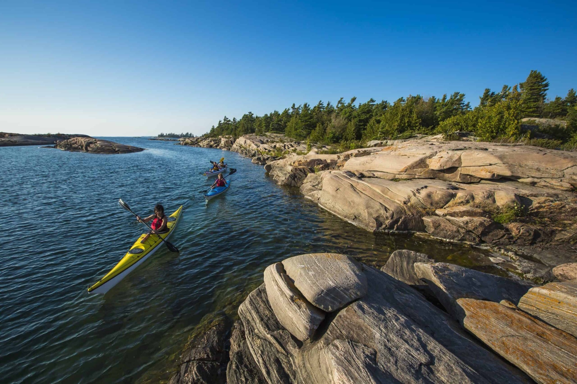 Eine Gruppe von Kayak-Fahrern gleitet an Inseln vorbei durch unberührte Natur in Kanada