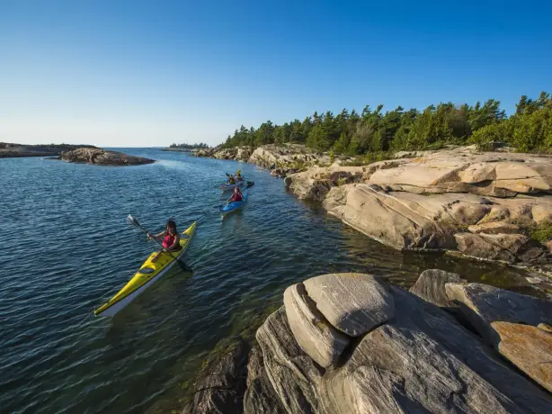 Eine Gruppe von Kayak-Fahrern gleitet an Inseln vorbei durch unberührte Natur in Kanada