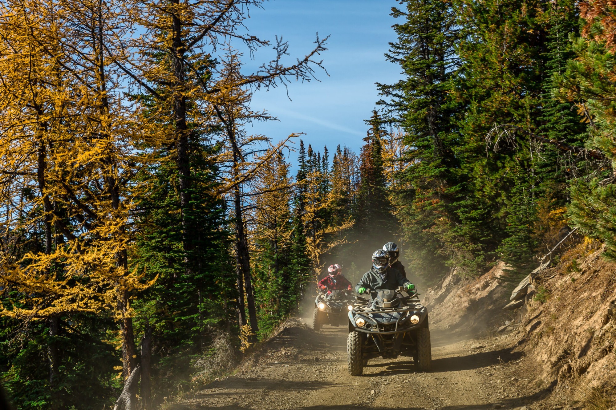 Zwei Quads fahren Weg an Hang durch Nadelwald in Kanada