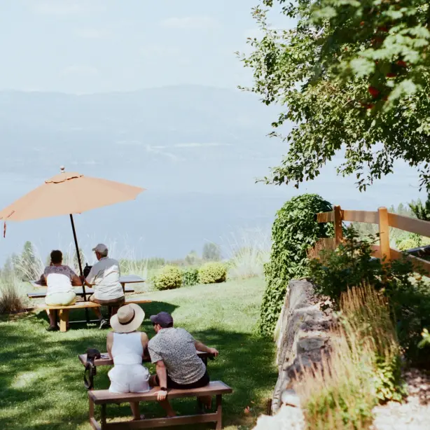 Menschen, die draußen sitzen und bei einem Glas Wein den Blick auf den See und die Berge genießen.