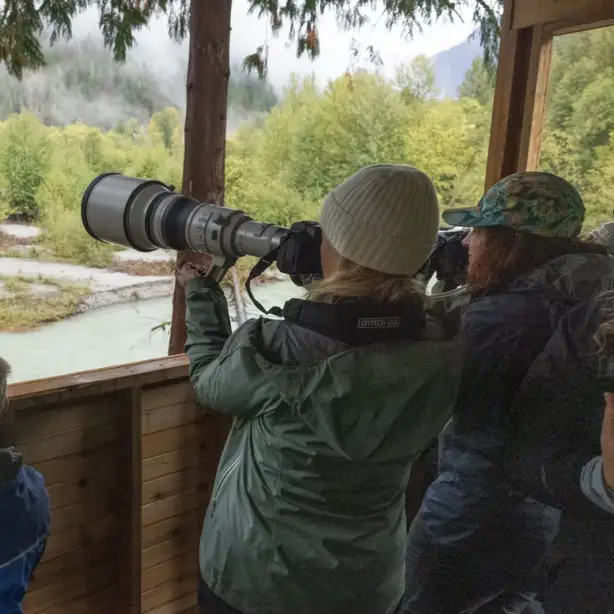 Gruppe von Fotografen steht in Aussichtshütte und fotografiert in kanadische Landschaft
