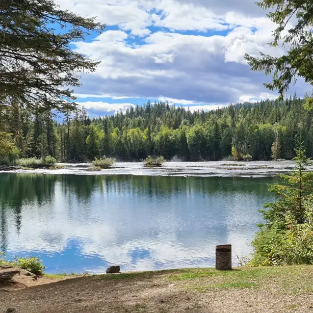 Uitzicht op Clearwater Lake in Wells Gray Provinicial Park met de weerspiegeling van de bomen in het rustige water