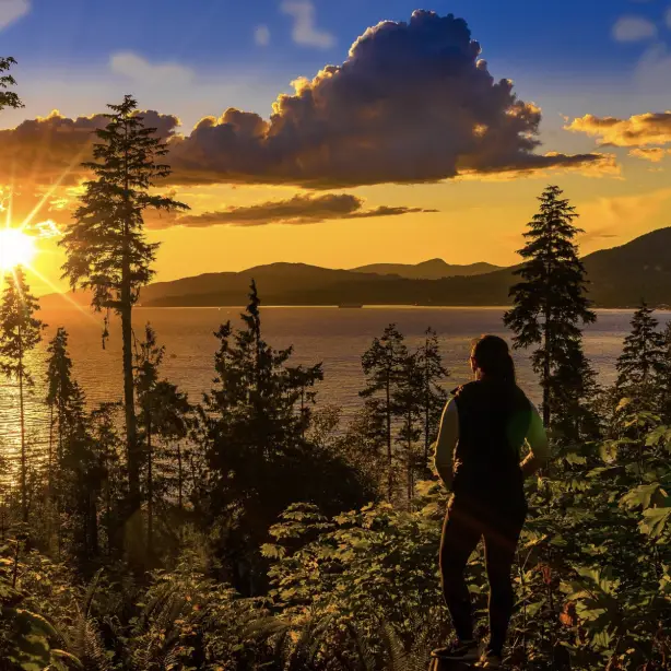 Een wandelaar staat in een kustbos en kijkt naar een schitterende gouden zonsondergang boven het water en de bergachtige eilanden van Vancouver Island, British Columbia, Canada