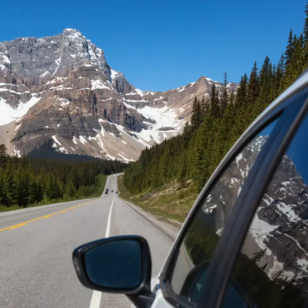 Uitzicht vanuit een autoraam tijdens een rit over de Icefields Parkway door de Canadese Rockies, met besneeuwde bergtoppen en dennenbossen die zich uitstrekken onder een helderblauwe hemel, Alberta, Canada