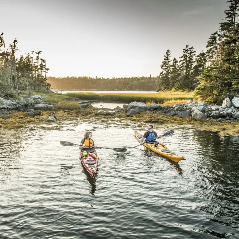 A couple in single kayaks smiling at each other, out on the water with trees around and behind in Canada