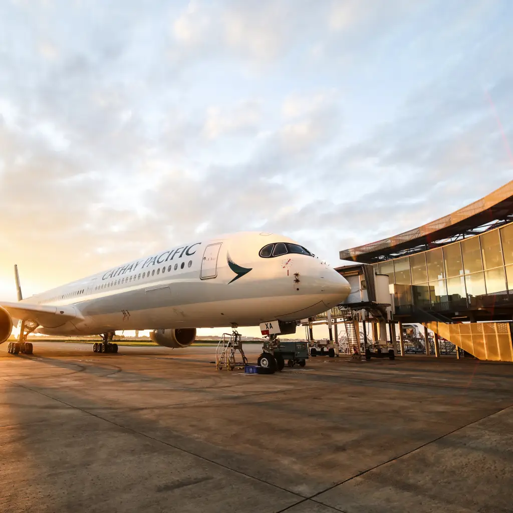 Ein Cathay Pacific Airbus am Flughafen mit einem Sonnenuntergang im Hintergrund.