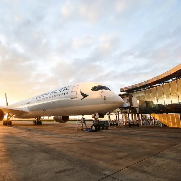 Ein Cathay Pacific Airbus am Flughafen mit einem Sonnenuntergang im Hintergrund.