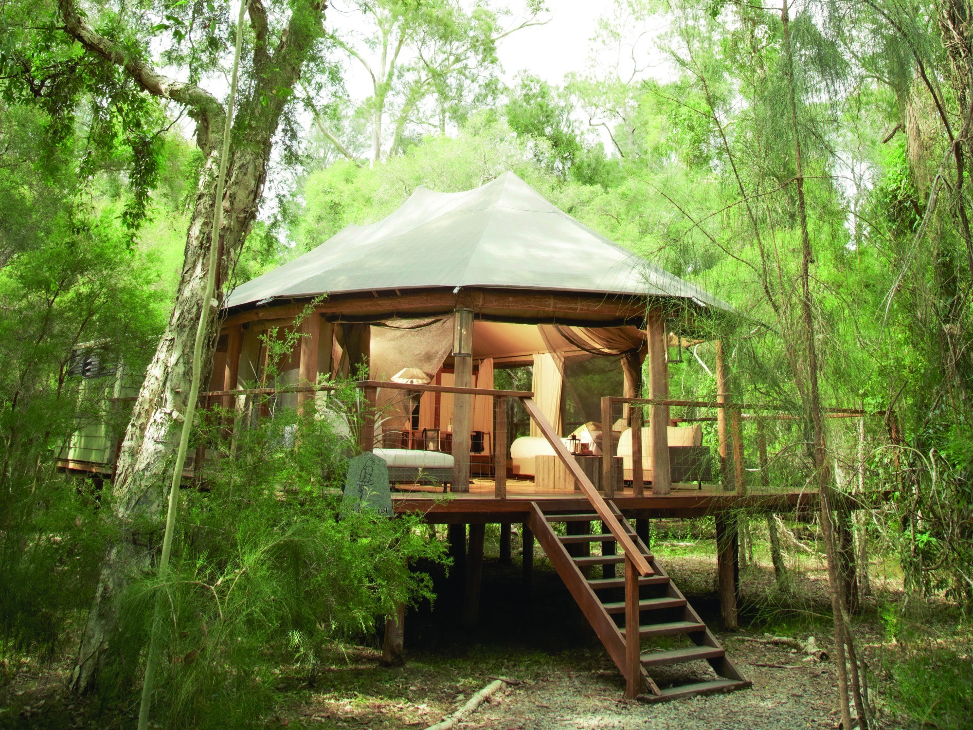 Luxury safari-style tent on a raised wooden deck, surrounded by lush green forest and trees.