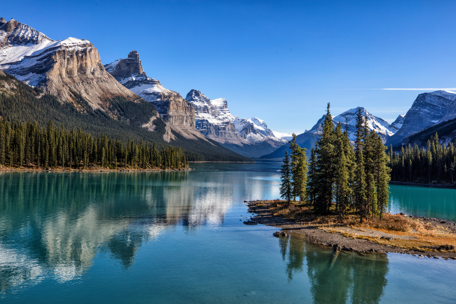 See mit Insel und Bergen im Hintergrund in Kanada