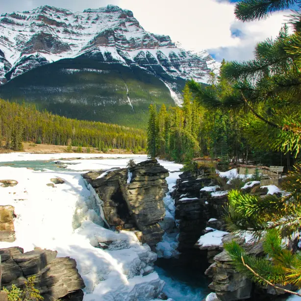 Athabasca Falls in Jasper National Park, Canada met Mount Kerkeslin op de achtergrond