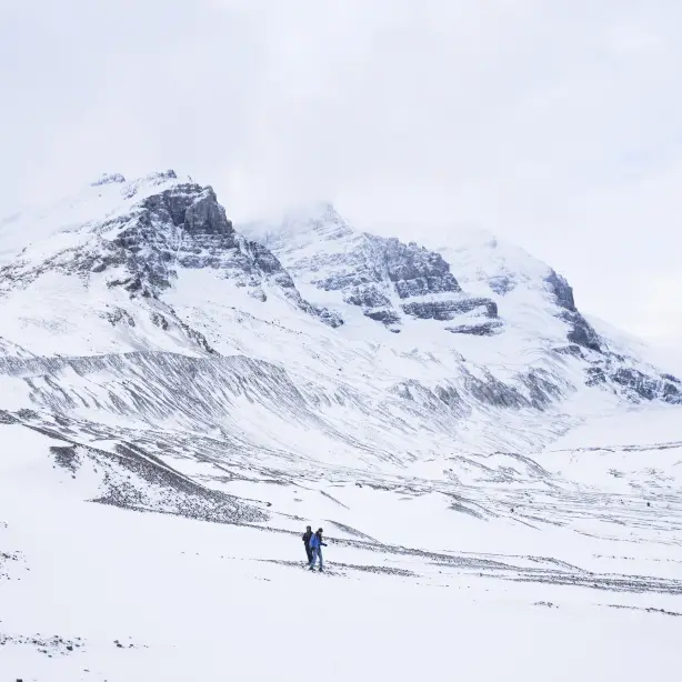 Twee wandelaars lopen door een uitgestrekt, besneeuwd berglandschap bij de Athabasca-gletsjers in Canada