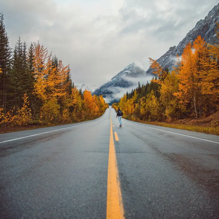 Een weg (Icefields Parkway) door een herfstlandschap met berg op de achtergrond