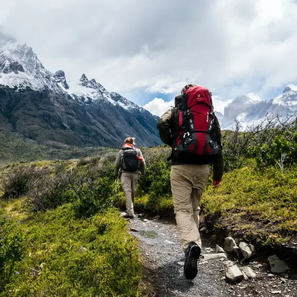 Two people hiking along the Parker Ridge trail in the Canadian Rockies, with snowy mountains in the background and greenery around