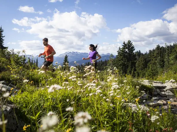 Zwei Jogger auf einem Pfad in Whistler, Kanada, umgeben von blühenden Wiesen und Bergpanorama