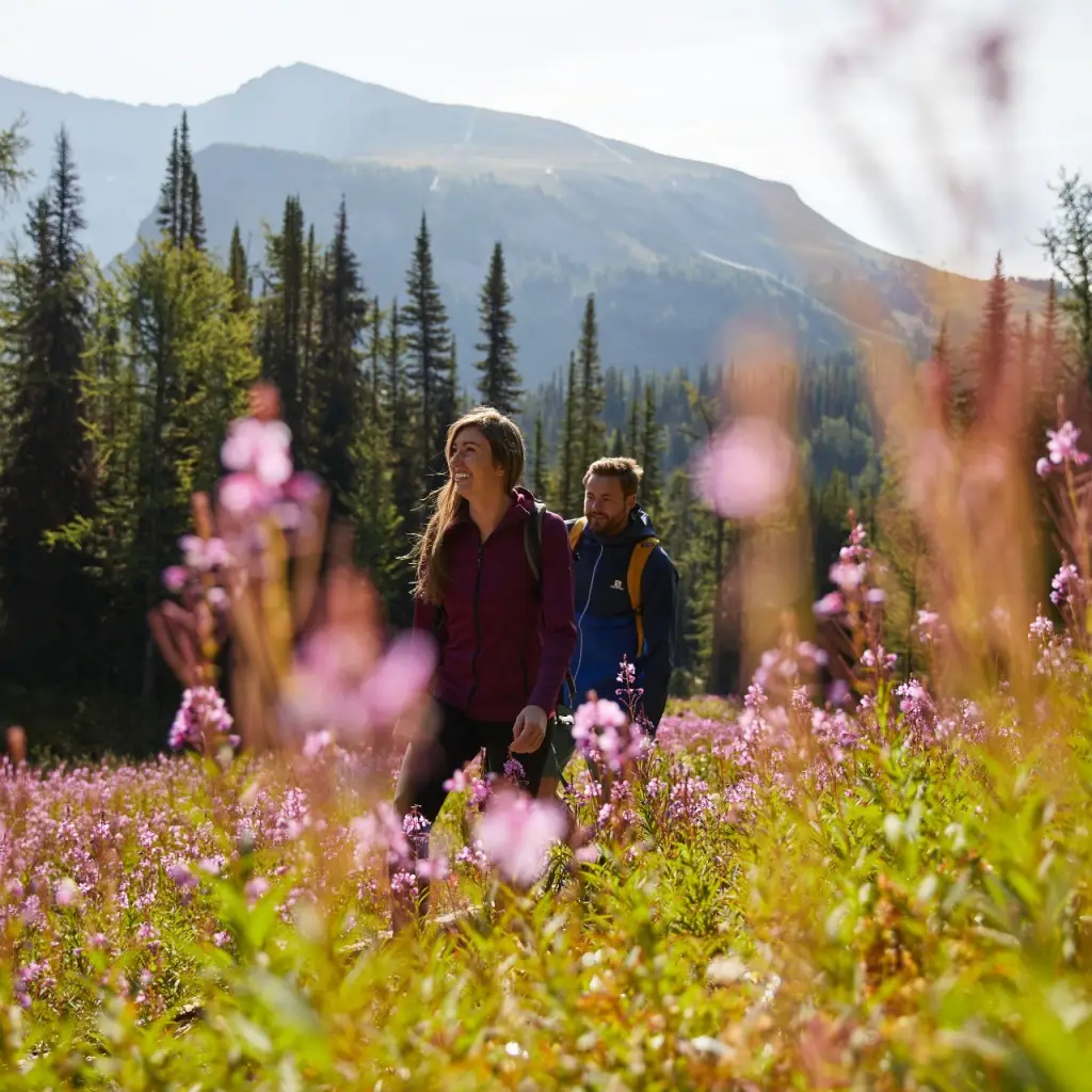 Ein Paar wandert durch eine Wiese mit einem Berg im Hintergrund in Kanada