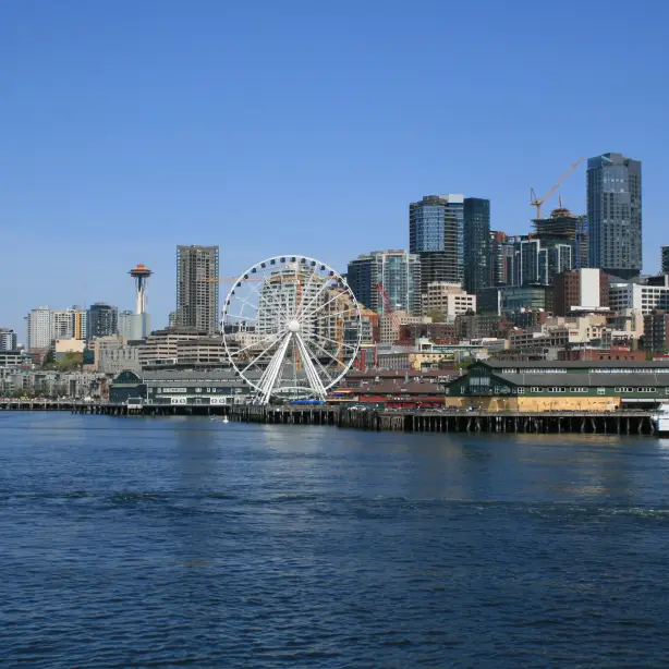 De skyline van Seattle, Washington met het water en een reuzenrad op de voorgrond