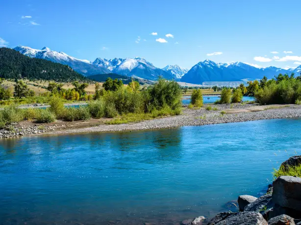 A river runs through Yellowstone National Park, with snowy mountains and green trees in the background