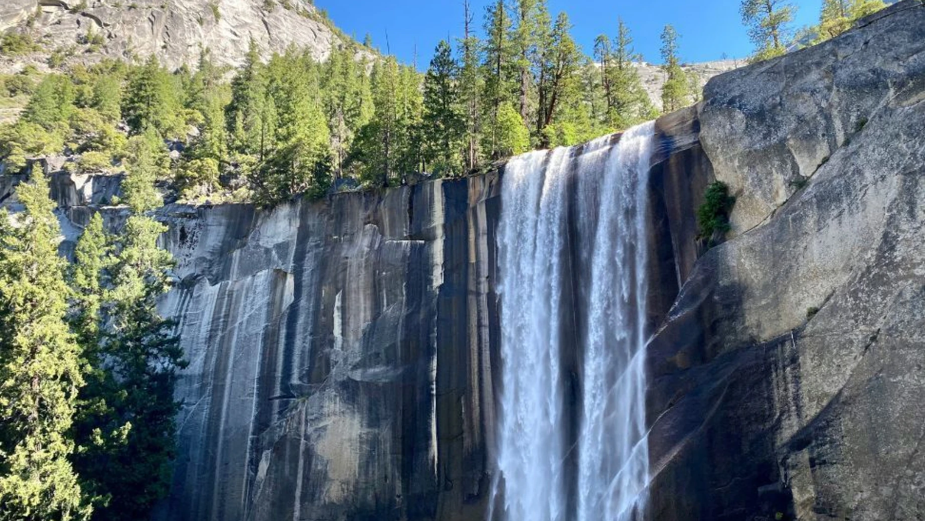 Der Vernal Fall stürzt über eine steile Granitklippe im Yosemite National Park, umgeben von hohen Kiefern und hellem Berglicht.