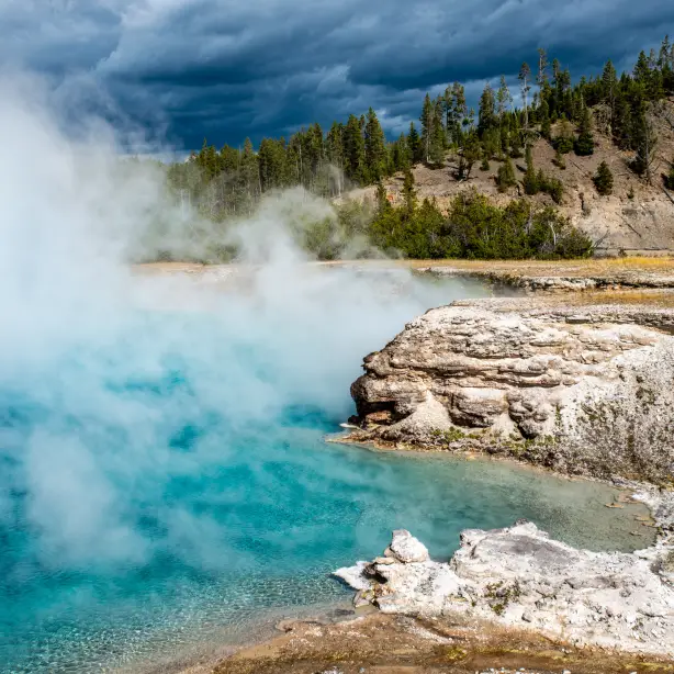 Dampfende, heiße Quelle im Yellowstone Nationalpark mit Bäumen im Hintergrund