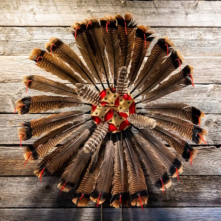 Traditionele decoratie van veren in een cirkel bevestigd op een houten muur.