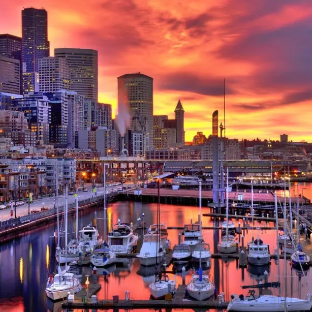 US Washington State Seattle city skyline at night